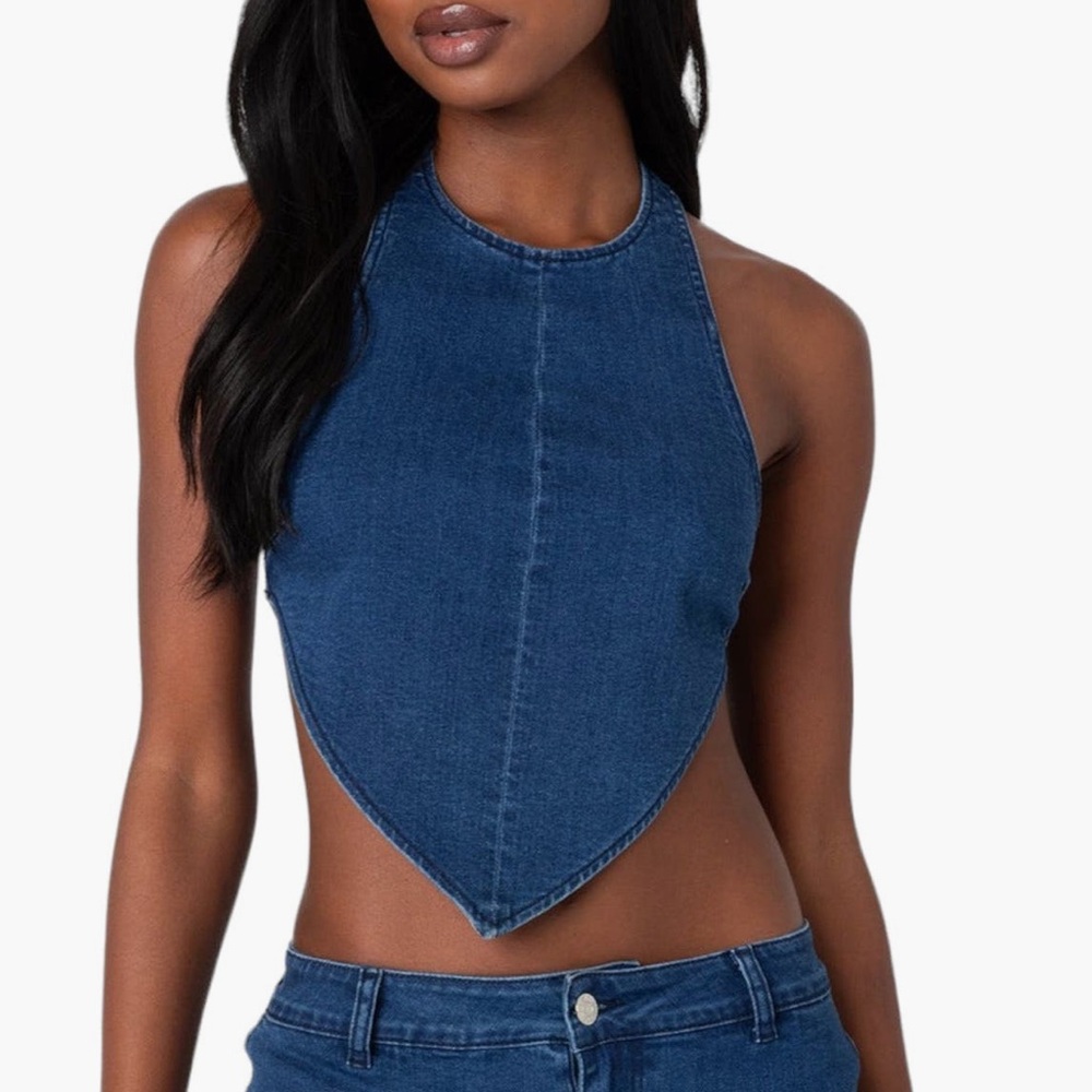 EDIKTED Sydnie Open Back Denim Halter Top | Color: Dark-Blue - Picture 2 of 8